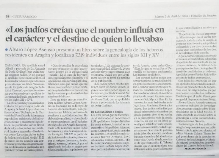 Reportaje en Heraldo de Aragón a Álvaro López Asensio sobre la publicación de su libro “Genealogía de los judíos de Aragón”